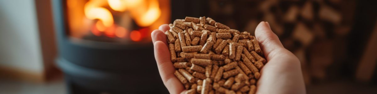 Pellet a gaz – drewniane granulki opałowe w dłoniach na tle rozpalonego pieca, symbol porównania ekologicznych źródeł ciepła w domu