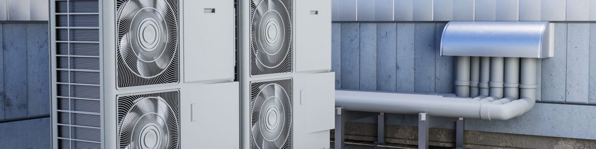 Montaż pompy ciepła Koluszki – przemysłowe jednostki zewnętrzne systemu powietrze–woda zamontowane na dachu budynku.